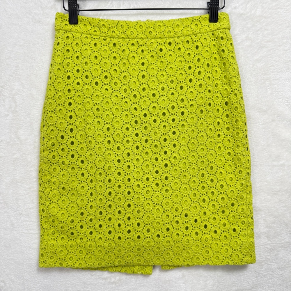 J.Crew Pencil Skirt Womens 0 Neon Chartreuse No. 2 Pencil Eyelet Lace Cotton